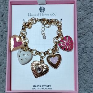 House of Harlow 1960 Gold and Pink Heart Charm Bracelet